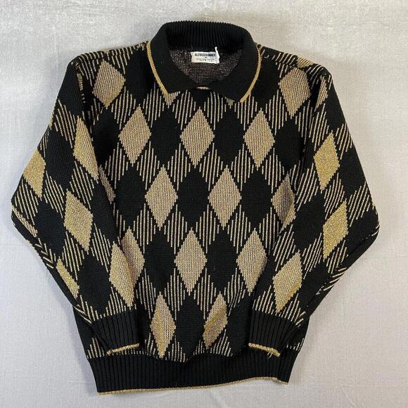 Alfred Dunner Sweaters - Vintage 90s Alfred Dunner Sweater Womens Medium Black Gold Argyle Diamond USA